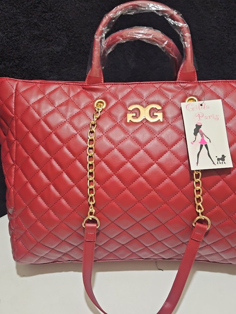 Gilda Paris Wine-Red Quilted Tote with Gold Chain Strap NWT